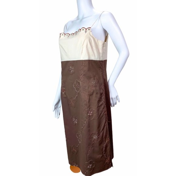 Kenar Sleeveless Cotton Sheath Dress Brown Beige Red Floral Embroidery 10 - Picture 5 of 7